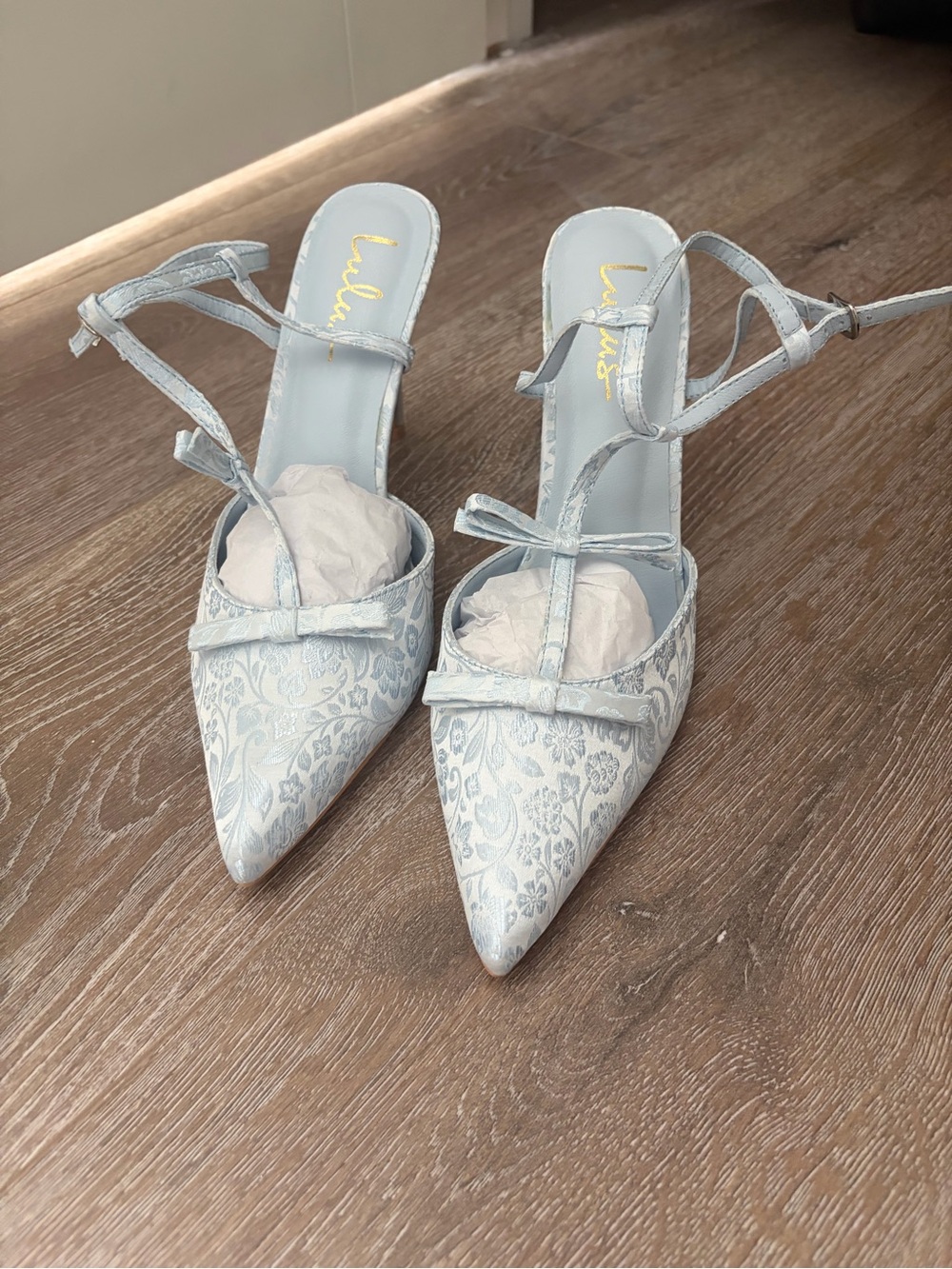Lulu's Light Blue Floral Jacquard Pointed Strap Heels